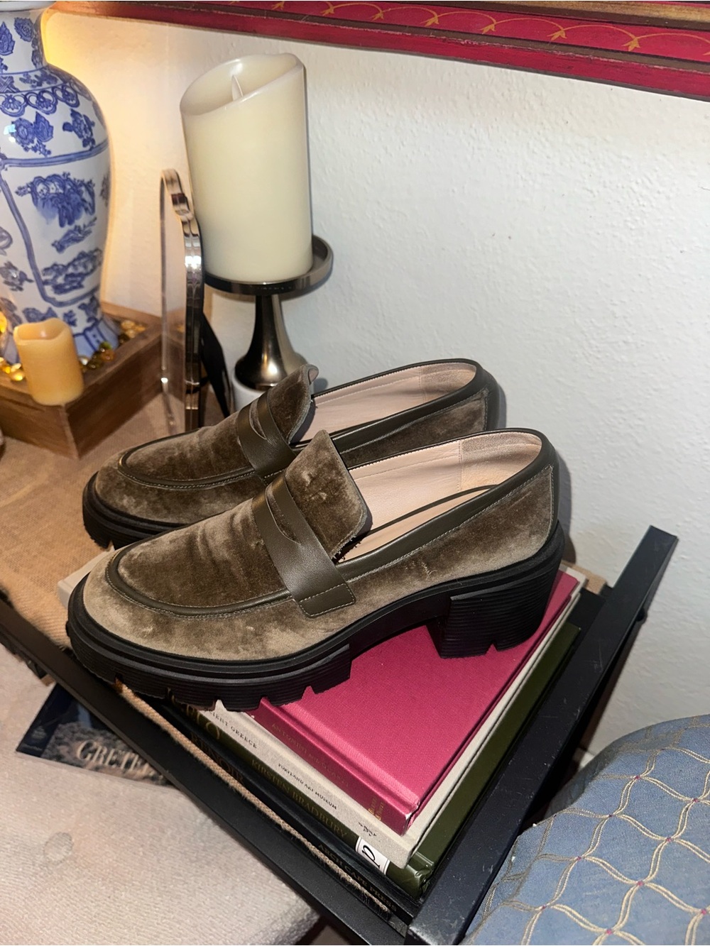 Stuart Weitzman Soho Olive Velvet Lug Sole Loafers